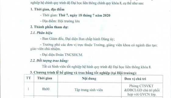 Kế hoạch về việc tổ chức lễ bế giảng, trao bằng tốt nghiệp hệ liên thông chính quy trình độ Đại học tháng 7 năm 2020